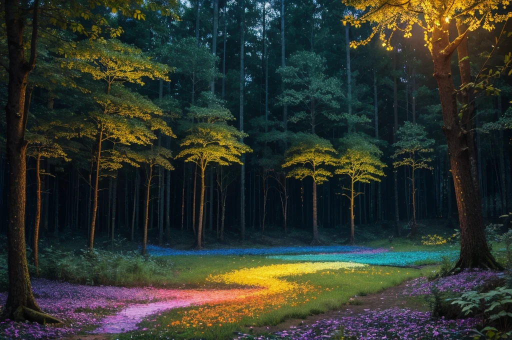 ((best quality)), ((masterpiece)), (detailed), forest filled with a swarm of rainbow coloured, glowing fireflies