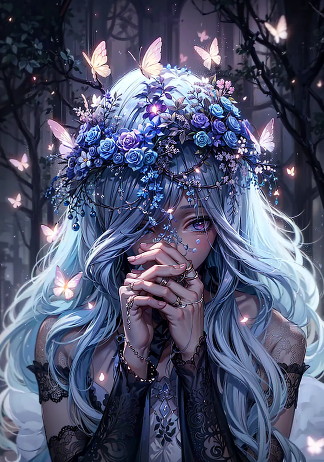 a close up of a woman with a flower crown on her head, fairycore, fantasy art style, fairy aesthetics, beautiful fantasy art, beautiful detailed fantasy, ethereal fairytale, 8k high quality detailed art, ethereal beauty, beautiful fairy, fantasy dark art, very beautiful fantasy art, beautiful fantasy anime, beautiful digital artwork, beautiful digital art, ethereal fantasy