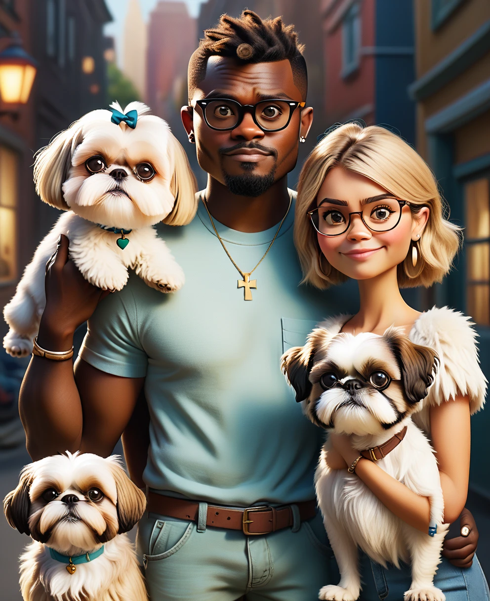 Dark-skinned man with brown hair, 32 years old, a little muscular, blonder woman, with glasses with arms with tattoo, 27 years old, two shih tzu dogs, one with brown fur and the other with white fur and caramel parts with approximately 1 year of life, All together, Pixar-style image, realisitic, disney inspired