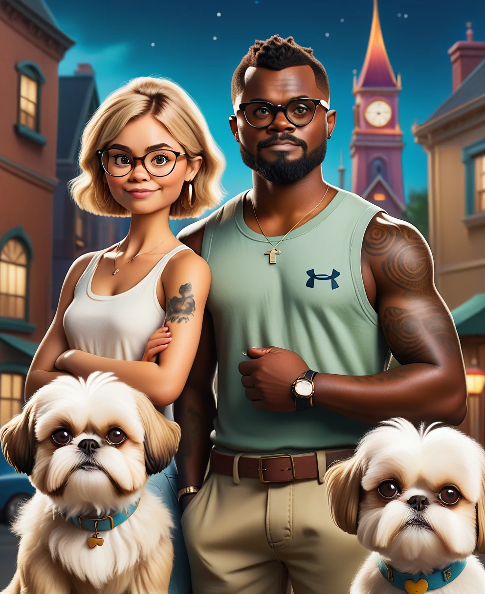 Dark-skinned man with brown hair, 32 years old, a little muscular, blonder woman, with glasses with arms with tattoo, 27 years old, two shih tzu dogs, one with brown fur and the other with white fur and caramel parts with approximately 1 year of life, All together, Pixar-style image, realisitic, disney inspired