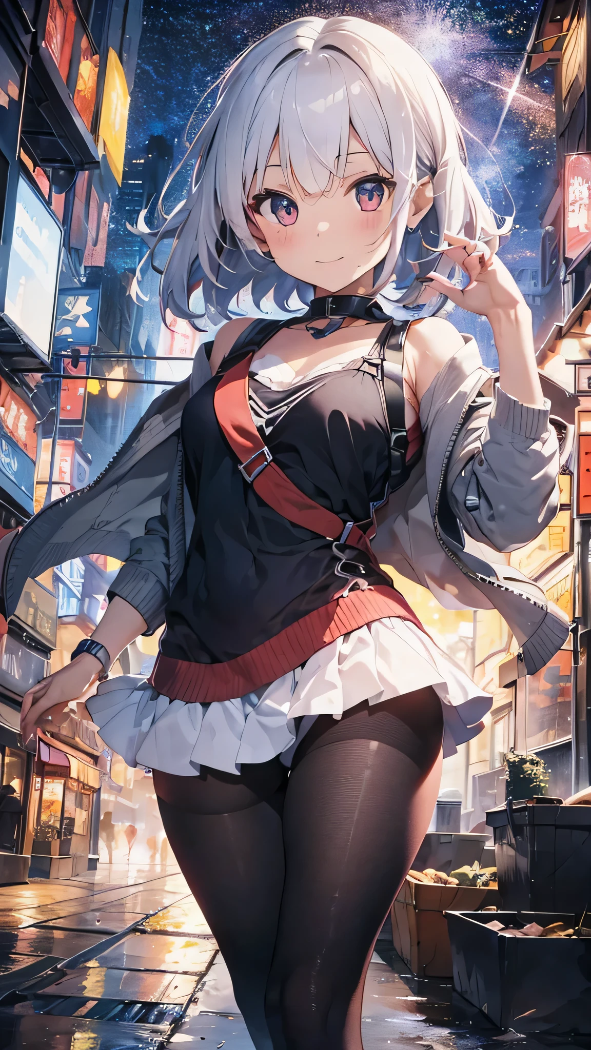 Highest quality、Highest quality、Masterpiece、girl((20-year-old、as soon as、Highest Bust、Medium Bust、Wide open chest、Red glowing eyes、Light Silver Hair、Disheveled Hair、Loincloth、thin、The best valley、Open chest、Full body view、Colorful tank top、Colorful Pants、Smile、Leaning forward greatly))、high quality、Beautiful Art、background((Bright Cities))、flight、Flying Debris、Depth of text、movie、Visual Arts、Perfect Art、8K、Genuine、