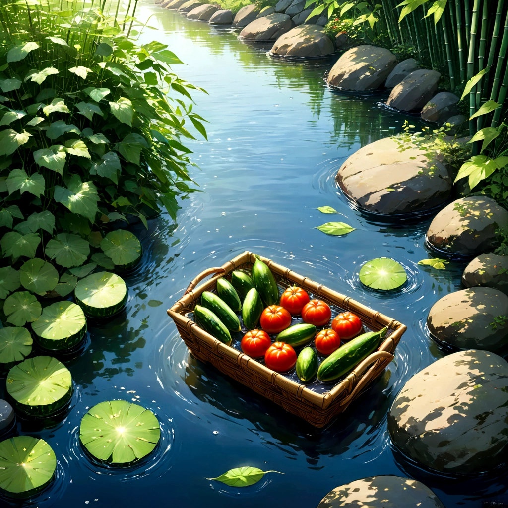 Sunlight dances on the rippling surface of a cool mountain stream, illuminating a serene scene. A rustic bamboo basket rests partially submerged, the clear water flowing gently over its contents: three ripe tomatoes, four crisp cucumbers, and two glossy eggplants, their vibrant colors a stark contrast to the weathered bamboo and grey stones. The scene embodies the quiet beauty and refreshing simplicity of a Japanese summer. beautiful anime scenery, landscape painting, beautiful digital painting, andreas rocha, illustration of beautiful artwork, amazing wallpaper, raymond swanland, tall beautiful painting, studio ghibli makoto shinkai, beautiful wallpaper, anime scenery refreshing, nostalgic, summer, japan, nature, no humans simple, minimalist, 3 tomatoes, 4 cucumbers, 2 eggplants