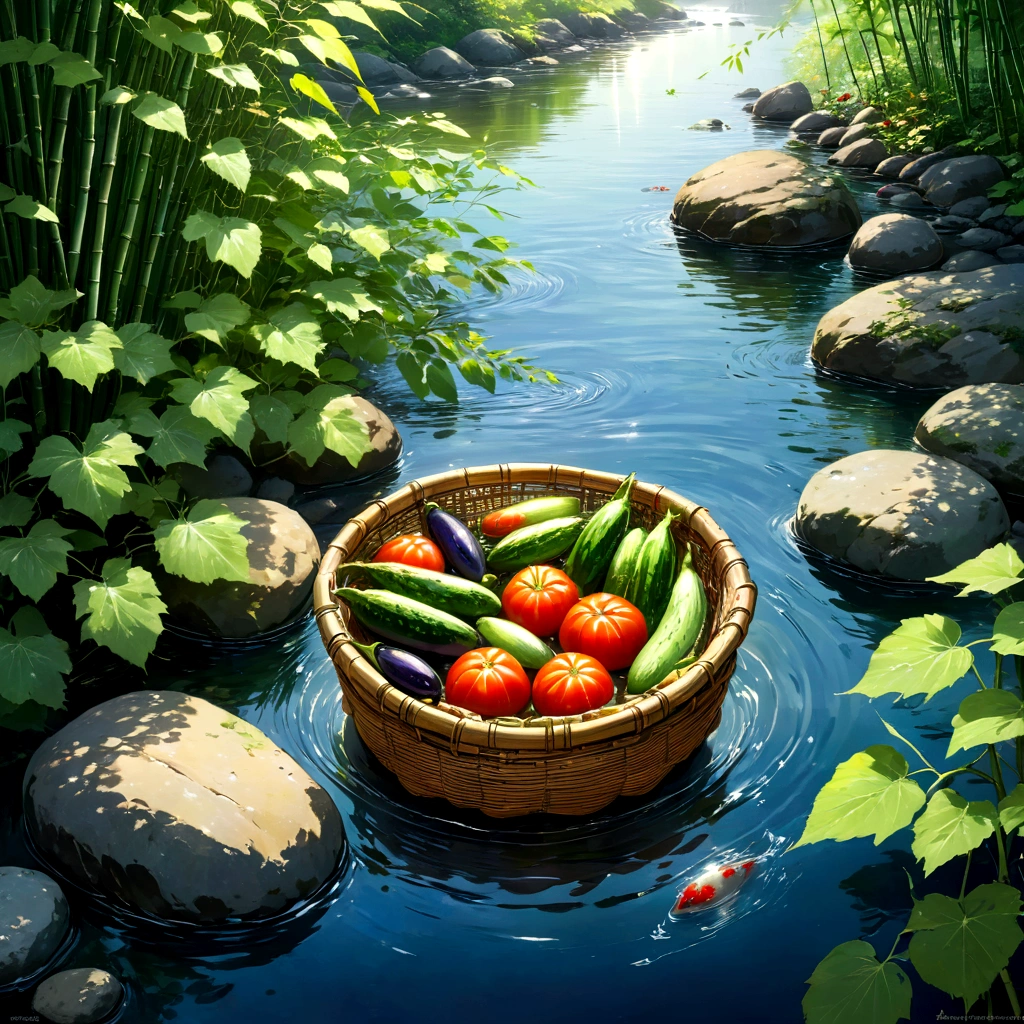 Sunlight dances on the rippling surface of a cool mountain stream, illuminating a serene scene. A rustic bamboo basket rests partially submerged, the clear water flowing gently over its contents: three ripe tomatoes, four crisp cucumbers, and two glossy eggplants, their vibrant colors a stark contrast to the weathered bamboo and grey stones. The scene embodies the quiet beauty and refreshing simplicity of a Japanese summer. beautiful anime scenery, landscape painting, beautiful digital painting, andreas rocha, illustration of beautiful artwork, amazing wallpaper, raymond swanland, tall beautiful painting, studio ghibli makoto shinkai, beautiful wallpaper, anime scenery refreshing, nostalgic, summer, japan, nature, no humans simple, minimalist, 3 tomatoes, 4 cucumbers, 2 eggplants