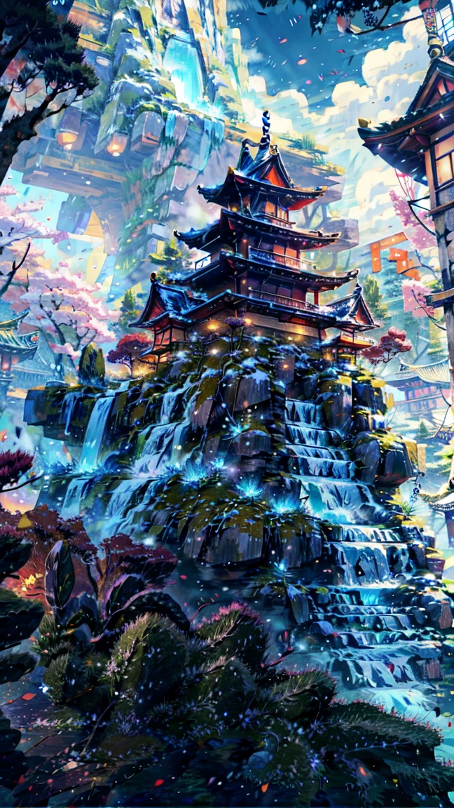 (masterpiece, best quality:1.2), (\sai bo gu feng\), landscape, no humans, tree, Sky, night, Star \(Sky\), Outdoor sports, architecture, night Sky, east asian architecture, reflection, Starry Sky, building, water, bridge, Cherry blossoms, railing,