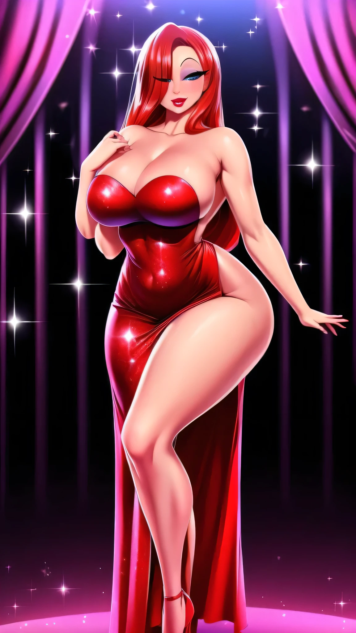 a girl lady big breast sexy attractive sensual sensitivity long red hair shine her blue eye eyelash painted purple soft red lip she dresses long red dress elegant glitter pair net sock black heel black thigh sensual sexy she singing theater lady