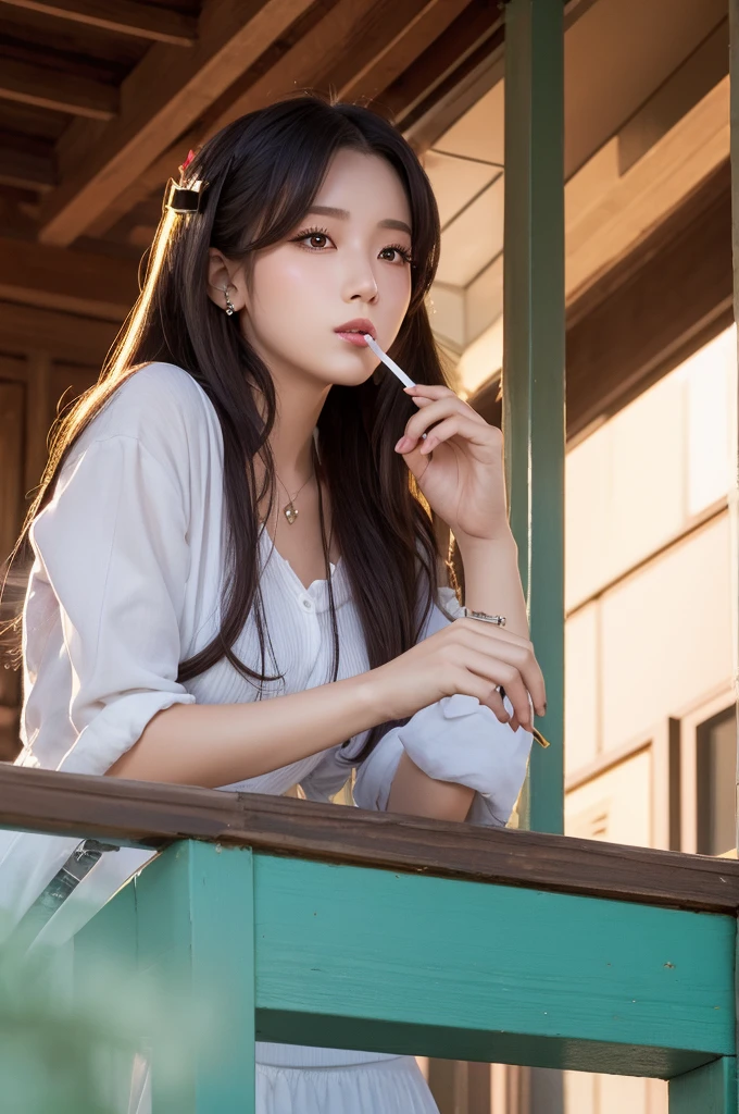 Illustration of an idol-like woman smoking a cigarette on the veranda