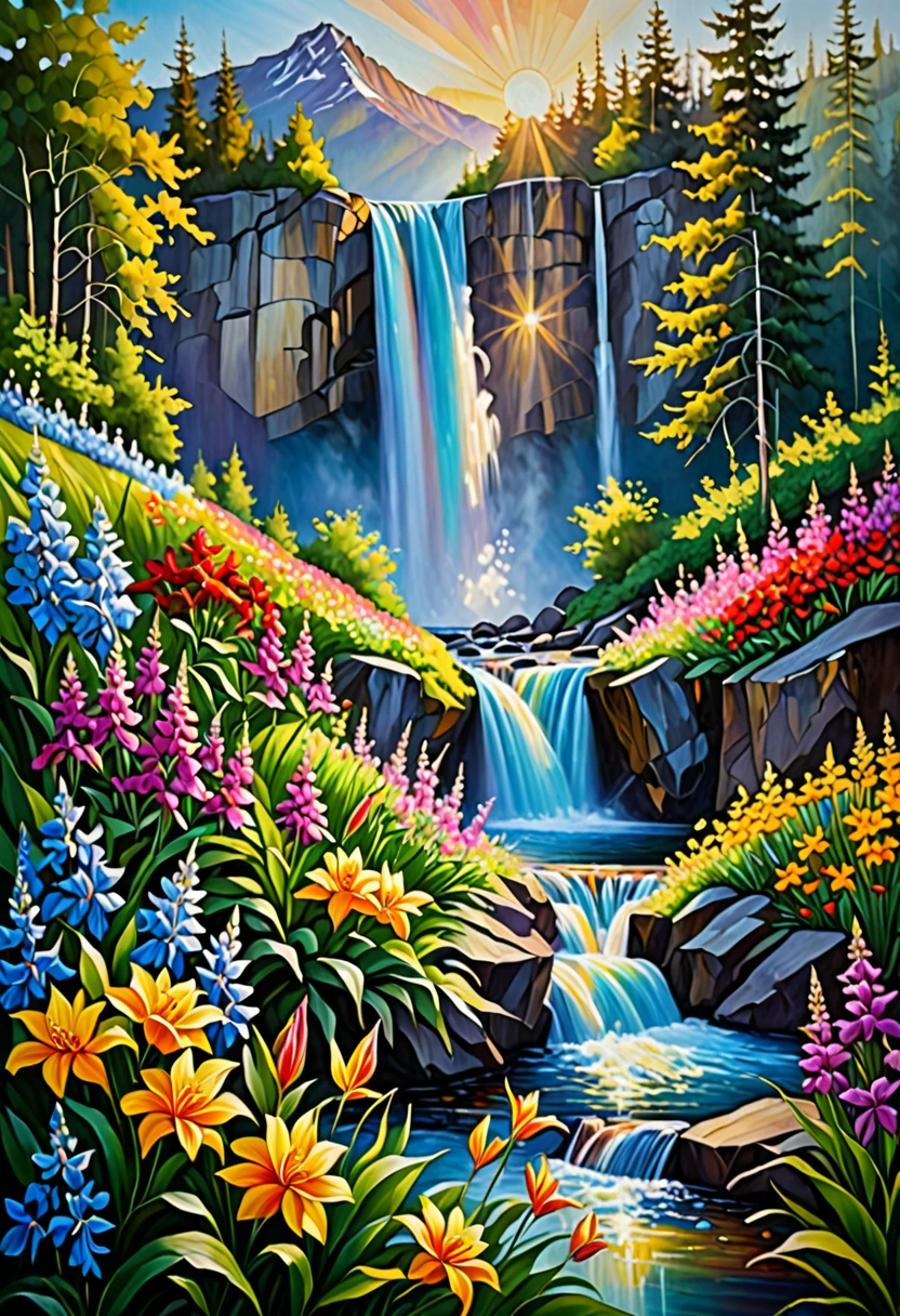 Waterfall in the rays of the rising sun, bright flowers on the slopes, Highly detailed, trending on art station, triadic color scheme, the most beautiful image ever seen, raw prompt, realistic, Oil painting