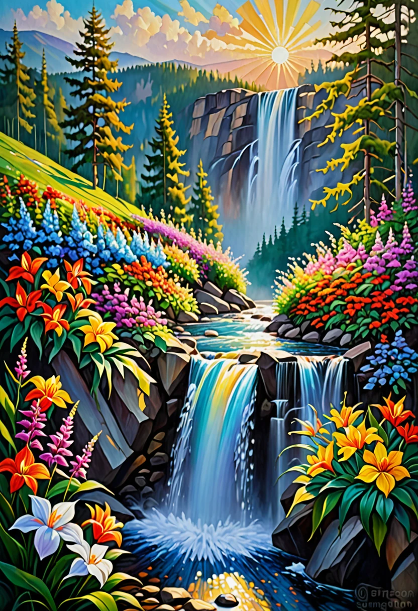 Waterfall in the rays of the rising sun, bright flowers on the slopes, Highly detailed, trending on art station, triadic color scheme, the most beautiful image ever seen, raw prompt, realistic, Oil painting