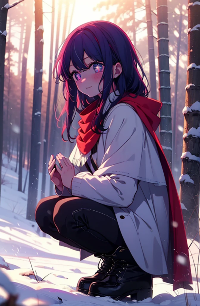 aihoshino, Ai Hoshino, Long Hair, bangs, (Purple eyes:1.1), Purple Hair, (Symbol-shaped pupil:1.5), smile,,smile,blush,White Breath,
Open your mouth,snow,Ground bonfire, Outdoor, boots, snowing, From the side, wood, suitcase, Cape, Blurred, , forest, White handbag, nature, Squat, Mouth closed, Cape, winter, Written boundary depth, Black shoes, red Cape break looking at viewer, Upper Body, whole body, break Outdoor, forest, nature, break (masterpiece:1.2), Highest quality, High resolution, unity 8k wallpaper, (shape:0.8), (Beautiful and beautiful eyes:1.6), Highly detailed face, Perfect lighting, Extremely detailed CG, (Perfect hands, Perfect Anatomy),