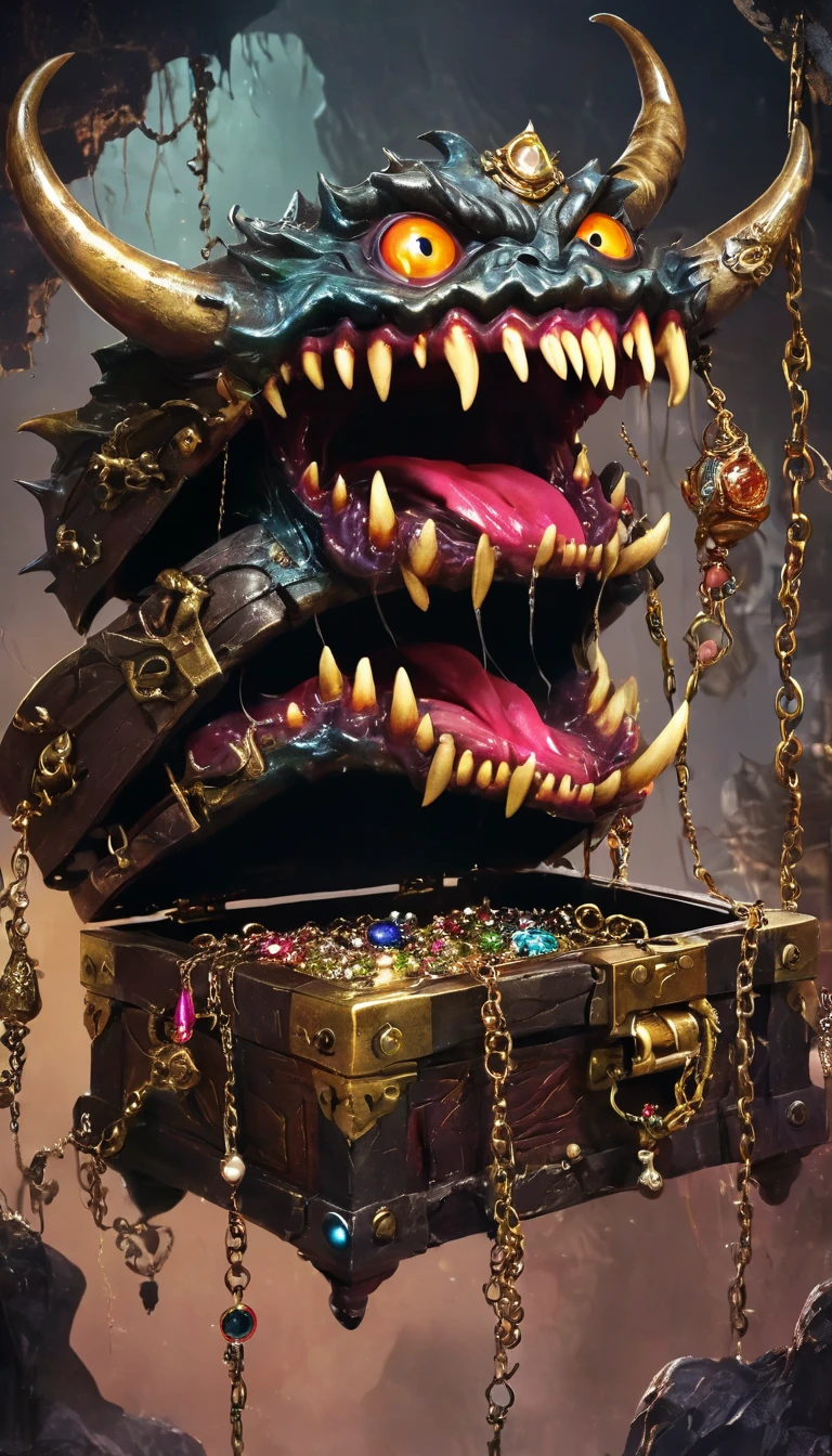 (masterpiece, best quality:1.2), dark，Fear，imitate，Suspension，Mimic，Treasure Box Monster，weird，（Extra long tongue and vicious teeth）. tered jewelry,Greedy should be open, Reveals a big, 