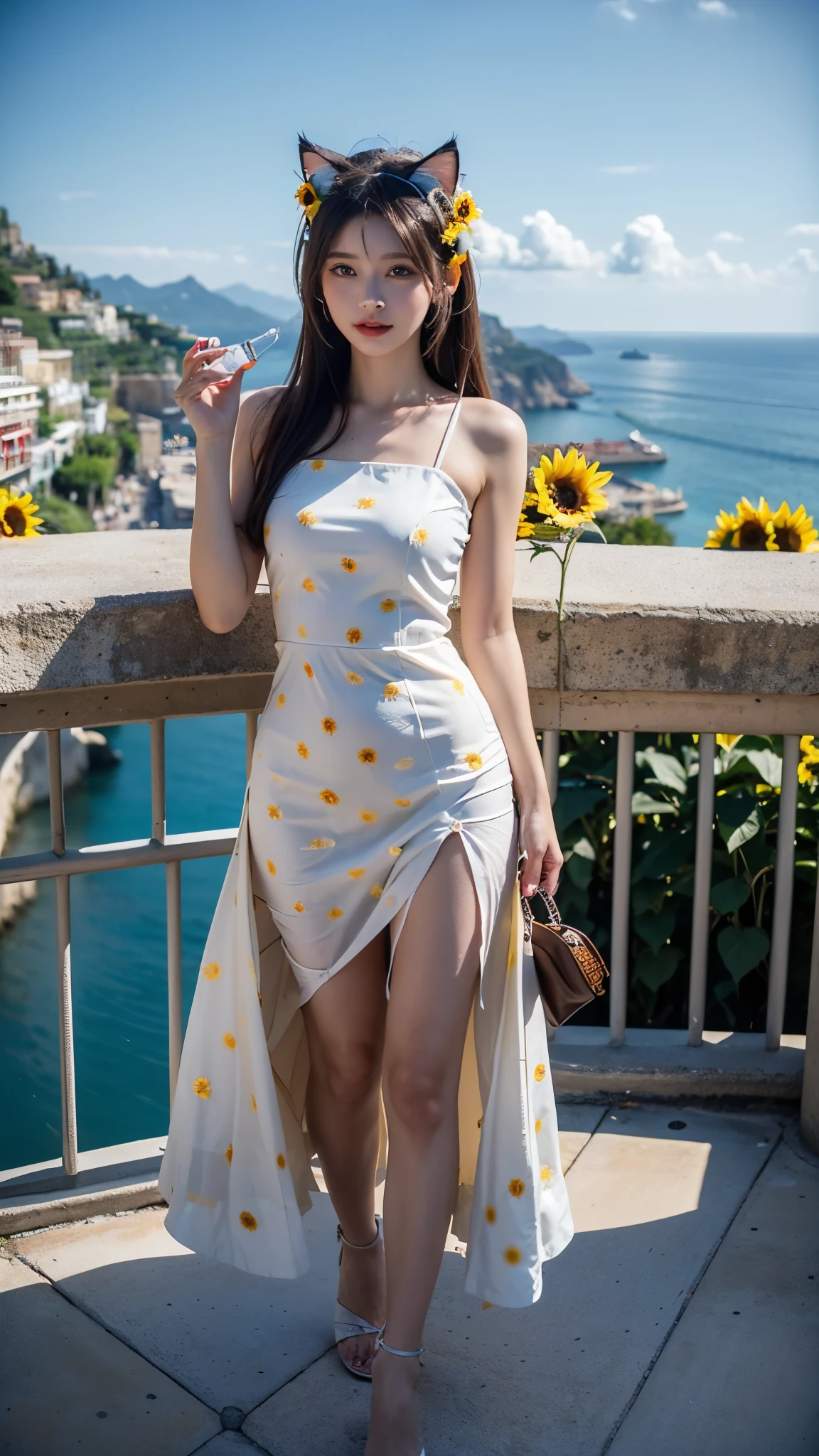 Beautiful girl walking seashore, 
the stunning Amalfi Coast in Italy, with viewers enjoying the traditional Italian lemon liqueur, Limoncello, in hand as they take in the breathtaking scenery,
Capture the picturesque coastal villages along the Amalfi Coast, such as Positano, Amalfi, and Ravello, with their colorful buildings cascading down the cliffs towards the azure Mediterranean Sea,
Focus on the rugged coastline, with images of dramatic cliffs, hidden coves, and crystal-clear waters that create a paradise-like setting for relaxation and exploration,(sunflower:1.3),
(Cat ears:1.3), (Cow pattern dress:1.2),