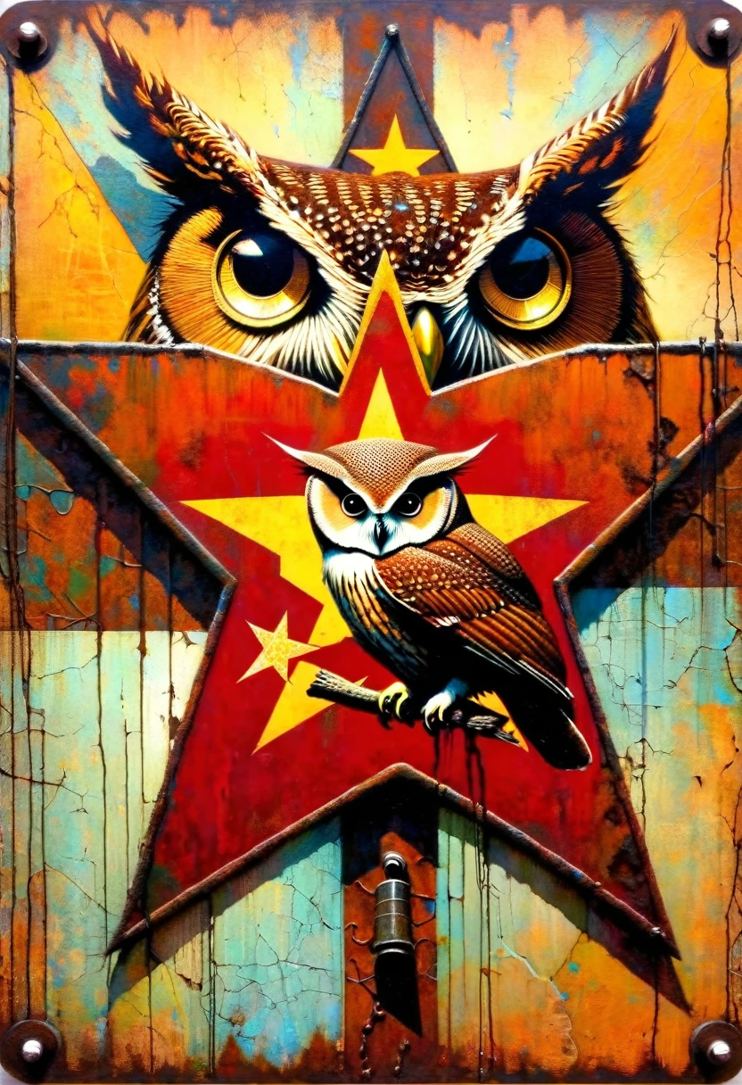 decorative rusty metal sign with a drawing of an owl and a communist star, artwork inspired by Dave McKean, vivid colors, intricate details, oil painting.