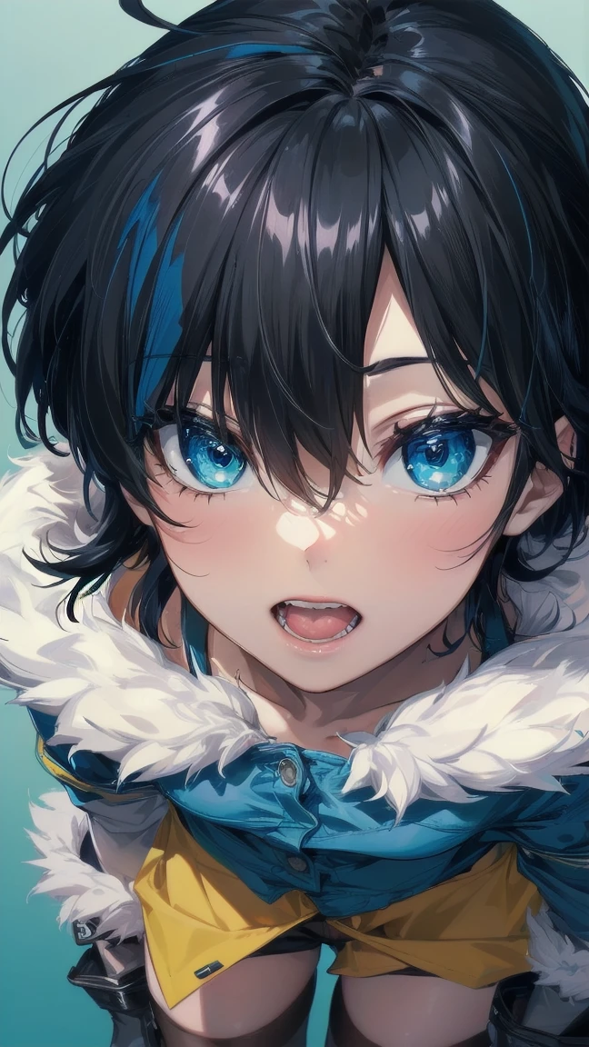 Close-up of a cartoon girl with blue hair and a yellow shirt, 2D Animation, 2D Animation style, 2D Art, 2D Art, 2D from Gorillaz, 2D from Gorillaz, 2D Gorillaz, Screaming Cerket, 2D Sprites, Jinx Face, short hair, Small breasts, hot pants, ((Black Hair, Bright blue fur inside:1.4))