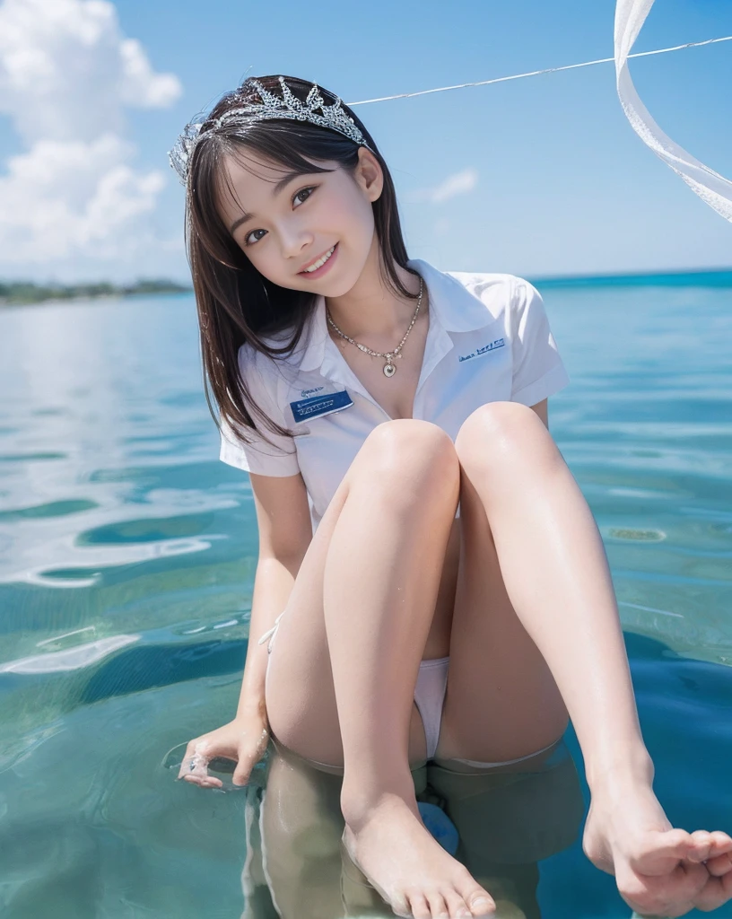 (NFSW)、(Ocean)、(High resolution:1.5)、Highest quality,Very detailed,masterpiece,Super detailed,alone,(1 15 year old girl),((Summer School Uniforms)), Seraphim, ((skirt)), smile, Thigh fetish images: 1.5、(((barefoot)))、(Ocean面に反射して映る彼女の太ももと白いビキニ)、(reflected in water:1.5)、((I can see the white string panties:1.5))、Cleavage、((青く透明な透き通ったOcean水))、Summer sun、はしゃいだsmile、Beautiful Eyes、pull-lift-panties、Big necklace and tiara、panties-pull、bottomless