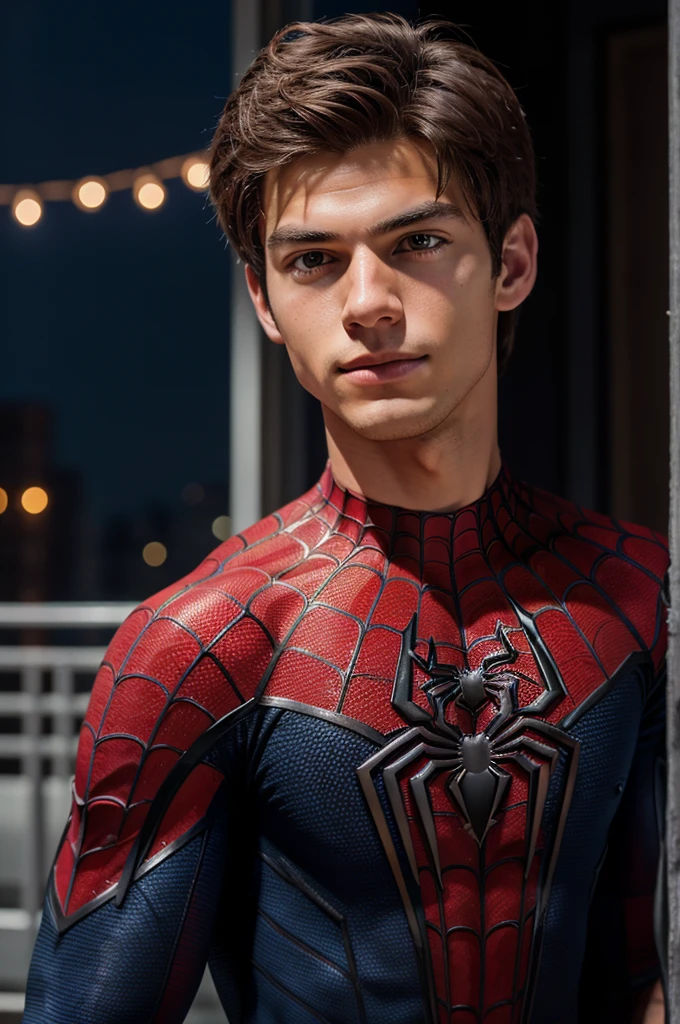 A photograph of spider man, no mask, 20 yo, handsome, detailed face, looking at camera, portrait, 8k uhd, high quality