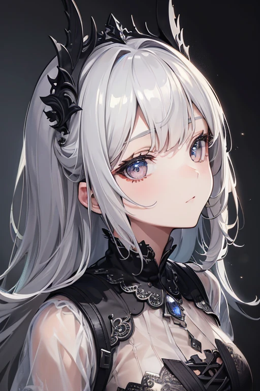 Highly detailed, 8K, Masterpiece, 1girll, Grey bicolor_Hair, dress , , (Perfect_face), opulent, Intricate, Dramatic lighting, 4K, Detailed_Background, Caustics, Portrait, , From_Side