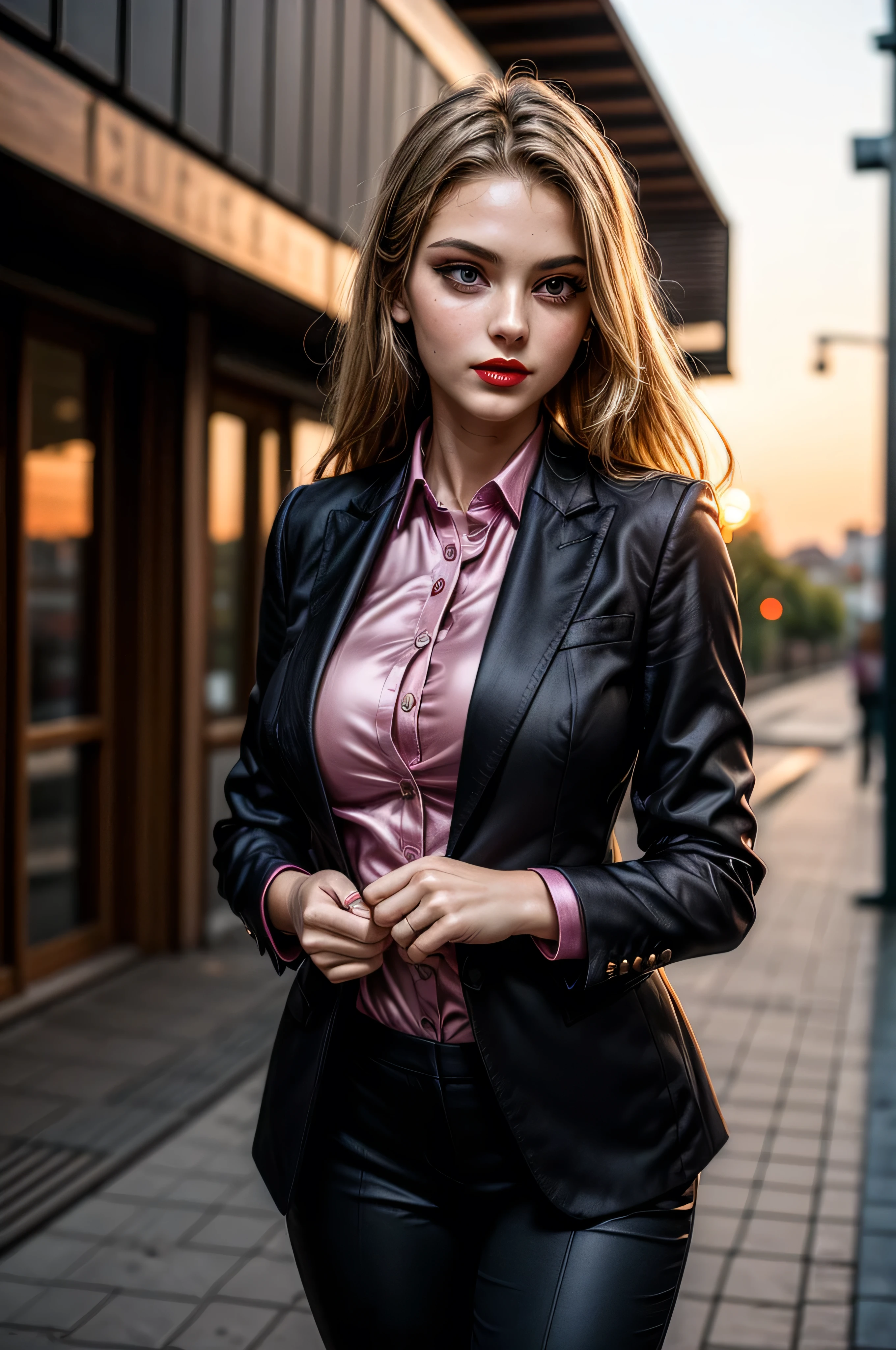 (masterpiece, photorealistic:1.4, extremely intricate:1.3, radiosity, photon mapping, dtx), ((nineteen female, teenage supermodel, ((business suit, black suit coat, pink silk men's business shirt, stepping to the side, serious, looking away, 19 years old, humid, bright red lips)), long eyelashes, makeup:1.3)), ((([skin detail:freckles:0.9], portrait, closeup))), outdoor, park, faraway city, professional photograph girl, (long straight hair [blonde hair:dark hair:0.7], wind), BREAK ((sunset), bokeh, blurry background), BREAK, ((([medium breasts:large breasts:0.6])))