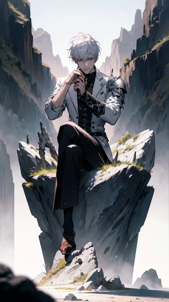 white haired, a man sits on at rock throne, ruinscape background, and simple white outfit, red eye, Masterpiece, Best Quality, Ultra-detailed, illustartion, concept art in 8K resolution, Fantasy art, epic art, concept art wallpaper 4k, Deep color, natural lighting