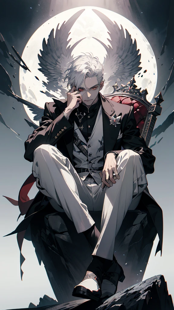 white haired, a man sits on at rock throne, ruinscape background, and simple white outfit, red eye, Masterpiece, Best Quality, Ultra-detailed, illustartion, concept art in 8K resolution, Fantasy art, epic art, concept art wallpaper 4k, Deep color, natural lighting