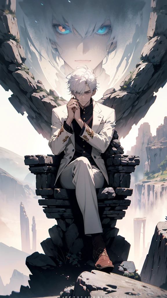 white haired, a man sits on at rock throne, ruinscape background, and simple white outfit, red eye, Masterpiece, Best Quality, Ultra-detailed, illustartion, concept art in 8K resolution, Fantasy art, epic art, concept art wallpaper 4k, Deep color, natural lighting