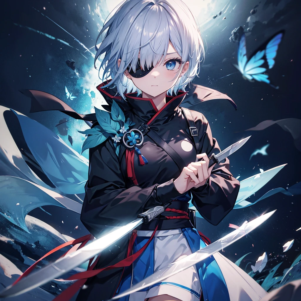(((1 person put on an eyepatch Gray Hair Qinglong))) ((High resolution short hair shoulder Also々funny Face knifeを胸の前で構える)) ((Black Band Ninja Lonely despair blue eyes close)) ((Blue Butterfly night Japanese style old Shining Aura Floating in the air Jump Catch the wind Distorted Space)) (dance 日本knife knife Slashing) 月night moonlight star Shuriken Shining Background Shining Edges