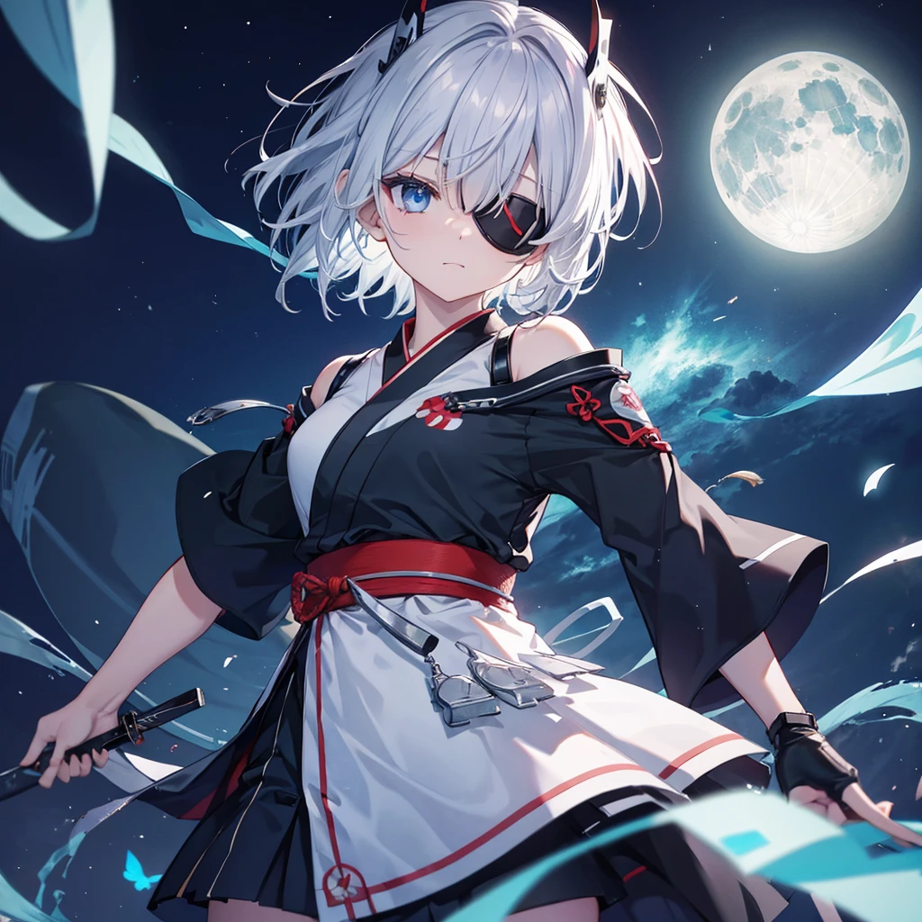 (((1 person put on an eyepatch Gray Hair Qinglong))) ((High resolution short hair shoulder Also々funny Face knifeを胸の前で構える)) ((Black Band Ninja despair blue eyes close)) ((Blue Butternight Japanese style old Shining Aura Floating in the air Jump Catch the wind Distorted Space)) (dance 日本knife knife Slashing) 月night moonlight star Shuriken Shining Background Shining Edges
