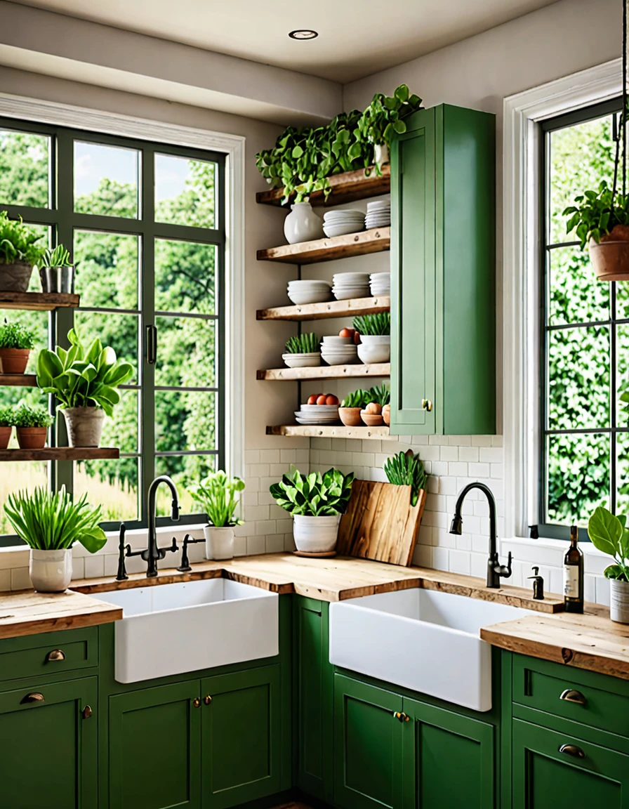 A cozy kitchen interior blending rustic design and natural elements, featuring green and white cabinets, wooden countertops, and a large farmhouse sink. The space is adorned with numerous potted plants around the sink and windowsill, creating a lush, green ambiance. Large windows let in natural light, illuminating the room and offering a view of a vibrant garden outside, contributing to a warm and inviting atmosphere.