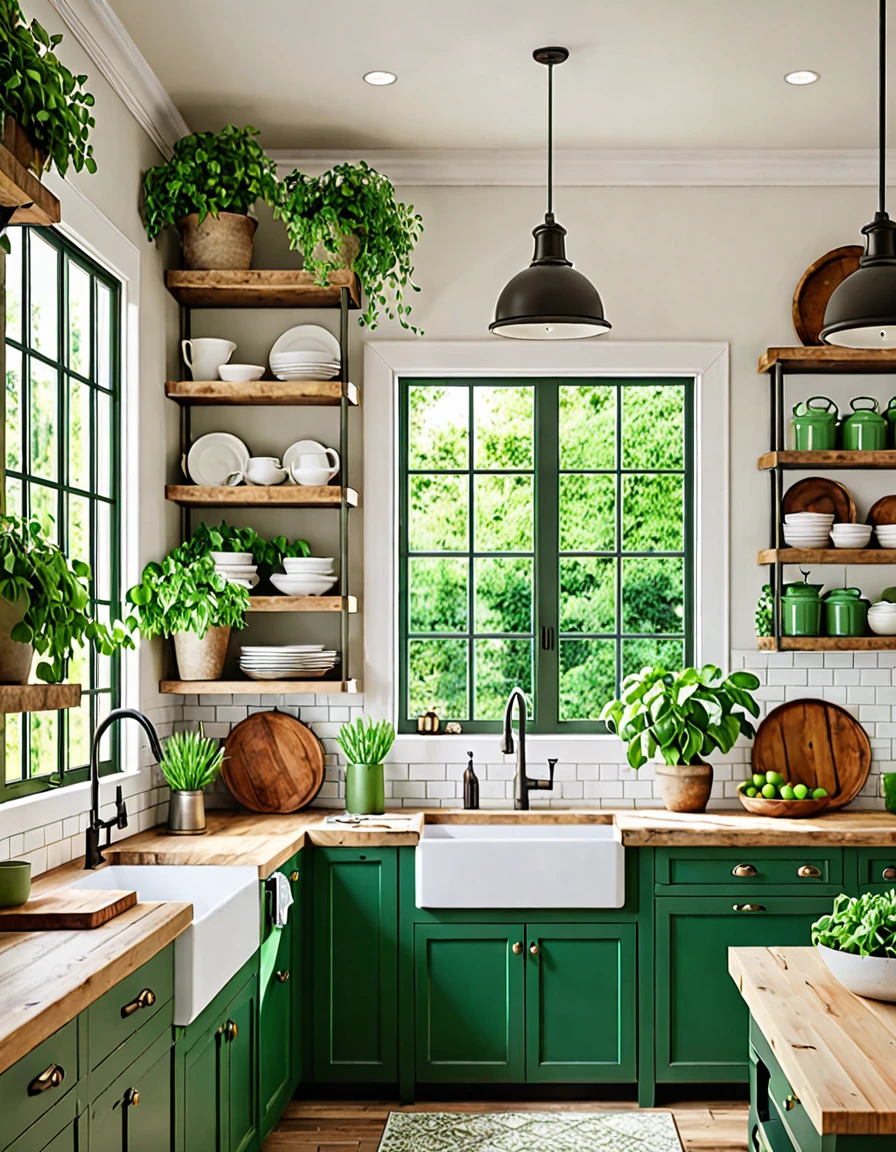 A cozy kitchen interior blending rustic design and natural elements, featuring green and white cabinets, wooden countertops, and a large farmhouse sink. The space is adorned with numerous potted plants around the sink and windowsill, creating a lush, green ambiance. Large windows let in natural light, illuminating the room and offering a view of a vibrant garden outside, contributing to a warm and inviting atmosphere.