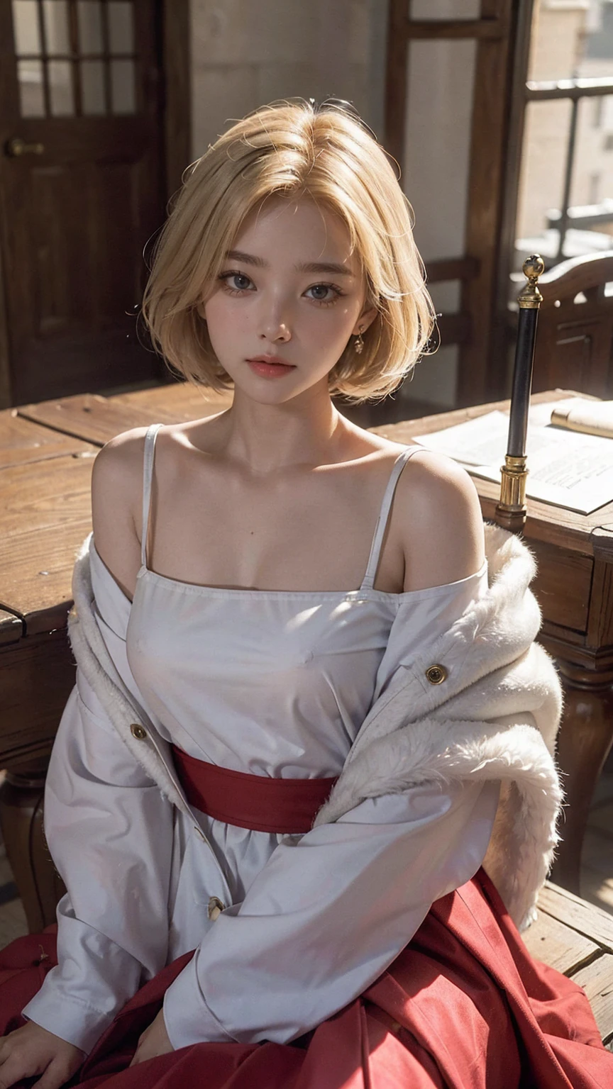 (Masterpiece: 1.2, Best Quality), Realistic, (Realistic Picture, Complex Details, Depth of Field), Best Quality, Masterpiece, Highly Detailed, Semi Realistic, 1 Girl, Mature Female, 21 Years Old, Blond Hair, Shoulder length Short Hair, Left Eye Covered with Hair, Blue Eyes, King's Clothes, Red Cloak, Slim Figure, Crown Made of Precious Gold, Reading Documents, Marking Documents, Goose Hair Pen, Office Table, Soft Bench, Palace, In the palace, during the Middle Ages