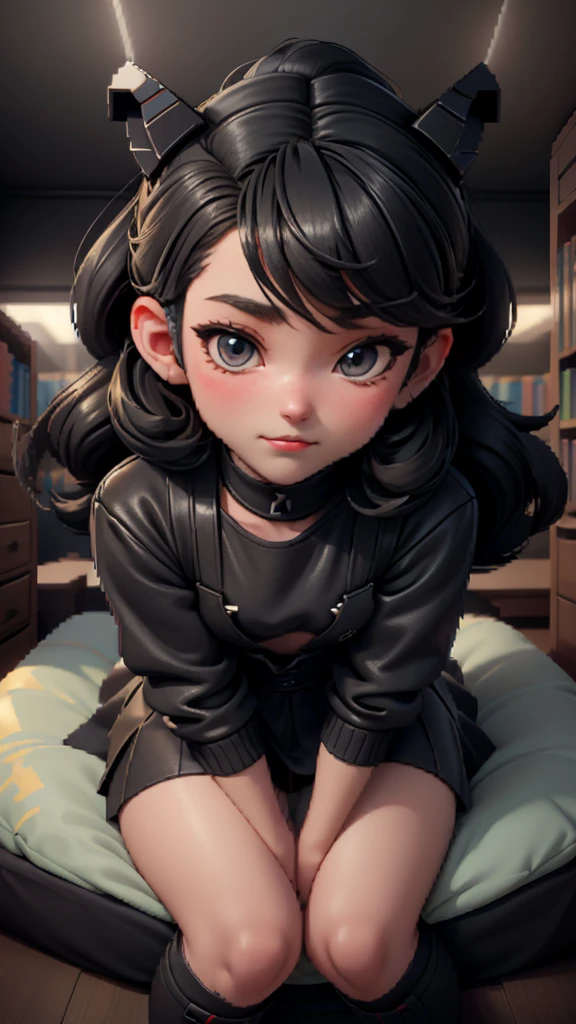 cute girl, black and gray Siphonaptera type chibi, bright eyes with cute anime style expressions, in a dark corner and a bed ("MSX" written on the head), retro style clothes with pixel art motifs, happy, playful, in a library, writing