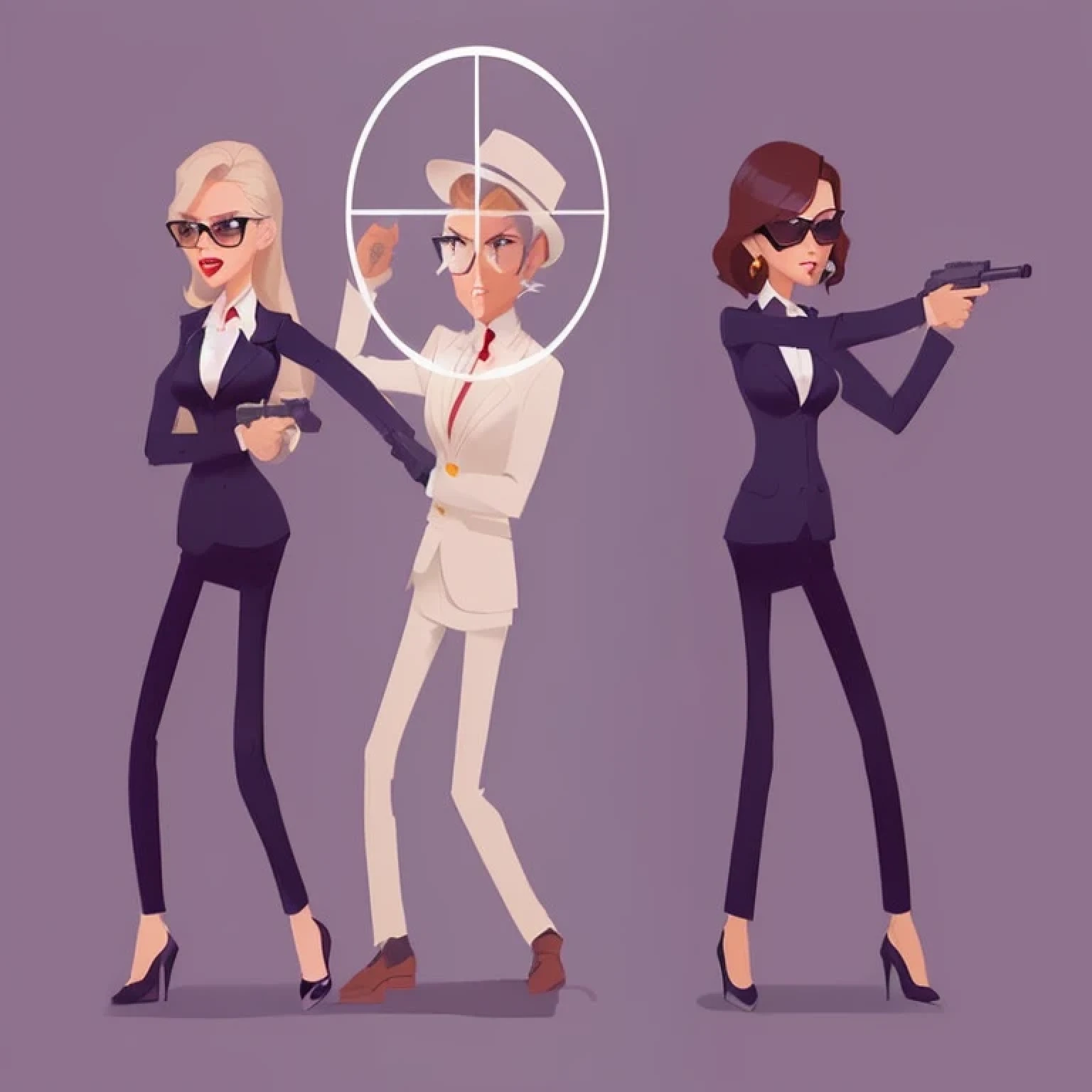 a woman in a suit and a man in a suit, female spy, animation real style, real animation style, shooting pose, animation style, professional graphic, animated character design, Female Bodyguards Targets, two female bodyguards with guns surround boss and protect him