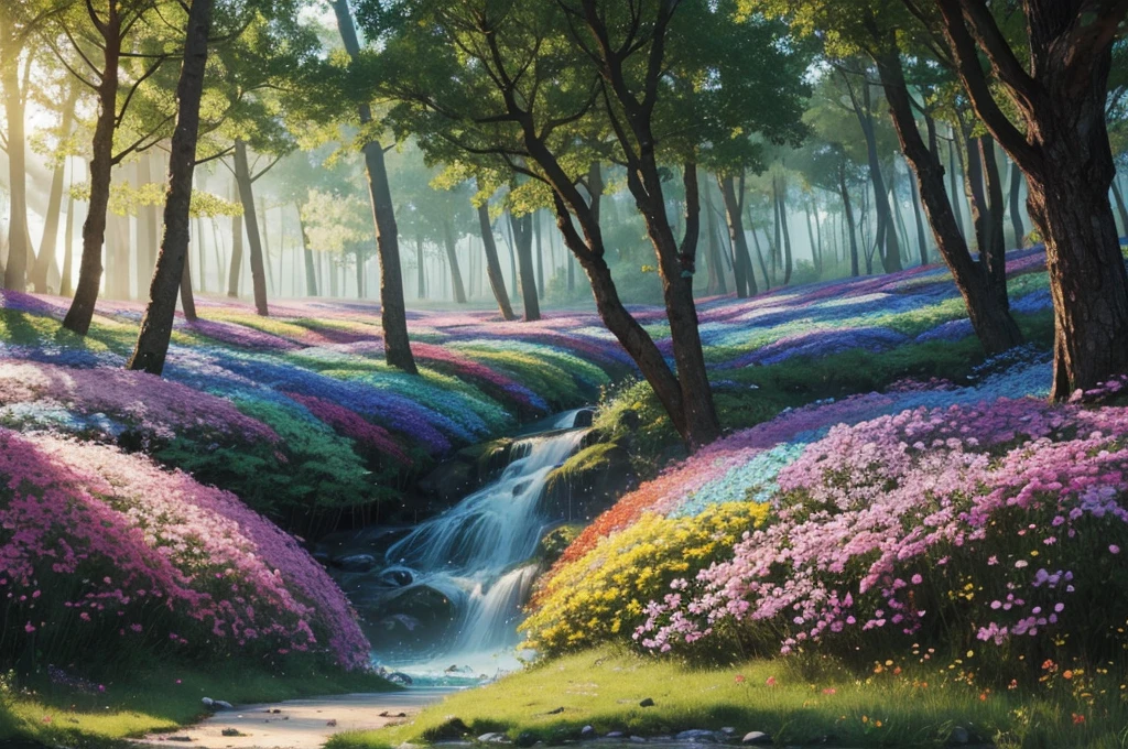 ((best quality)), ((masterpiece)), (detailed), forest filled with a swarm of rainbow flowers and trees