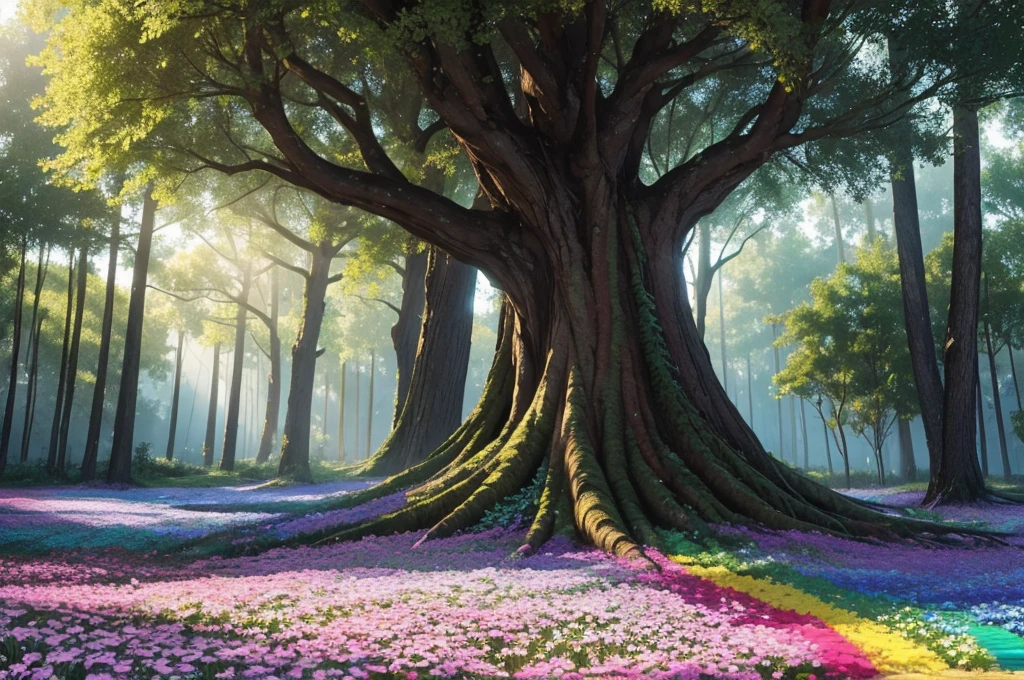 ((best quality)), ((masterpiece)), (detailed), forest filled with a swarm of rainbow flowers and trees