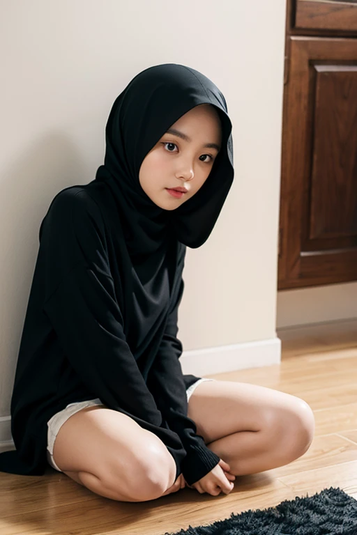 a malay girl wearing black hijab at home... wearing black cardigans with white shirt inside.. she sit on the floor... soft stomach.. less lighting.. looking straight to camera