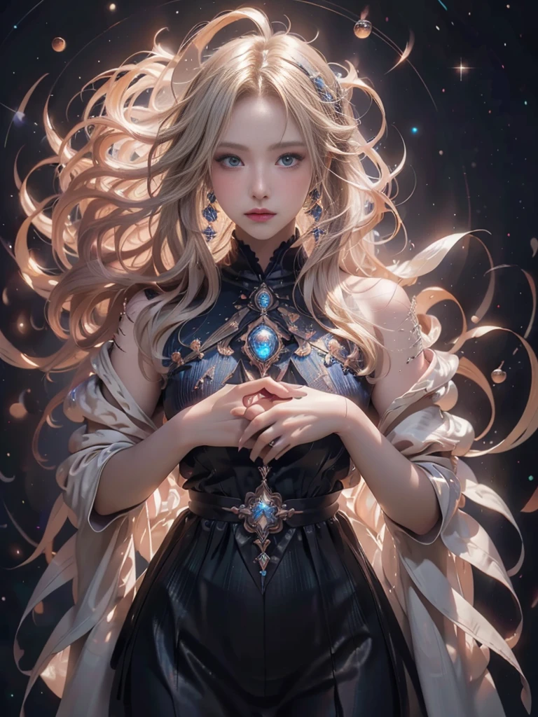 ((masterpiece)), ((Highest quality)), ((High resolution)), ((Detailed Background)), ((Highly detailed CG Unity 8k wallpaper)), alone, shiona,Blonde Hair, Long Hair, blue eyes, Hair bundle, Cowboy Shot, Nude 1.5、See-through 1.2,Cover your chest with your hands、Another World View、universe space、