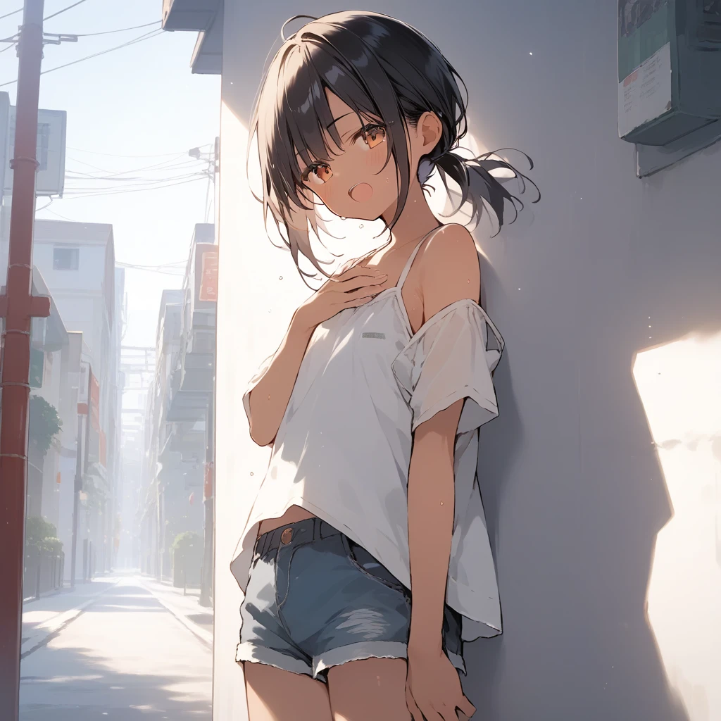 score_9, score_8_up, score_7_up, source_anime, best quality, masterpiece, official art, absurdres, highres, ultra-detailed,waifu2x,Collection: Slice of Life,break,1girl, tomboy, dark-skinned female, short hair, low ponytail, flat chest, beautiful detailed eyes, short shorts, sweat, open mouth, (yawn:0.3), sleepily, outdoors, wind, break,(clear line illustration:1.2),very high resolution, very aesthetic, super detailed skin, Best sexual lighting powered by famous artist, 8k,cute picture,beauty illustration,photoshop_(medium),,(Detailed Lighting),best anime 8k konachan wallpaper, pixiv contest winner,