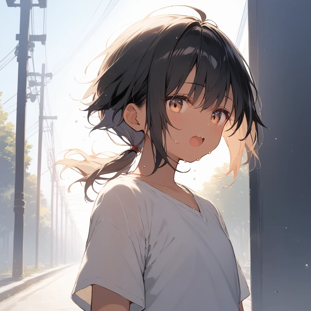 score_9, score_8_up, score_7_up, source_anime, best quality, masterpiece, official art, absurdres, highres, ultra-detailed,waifu2x,Collection: Slice of Life,break,1girl, tomboy, dark-skinned female, short hair, low ponytail, flat chest, beautiful detailed eyes, short shorts, sweat, open mouth, (yawn:0.3), sleepily, outdoors, wind, break,(clear line illustration:1.2),very high resolution, very aesthetic, super detailed skin, Best sexual lighting powered by famous artist, 8k,cute picture,beauty illustration,photoshop_(medium),,(Detailed Lighting),best anime 8k konachan wallpaper, pixiv contest winner,