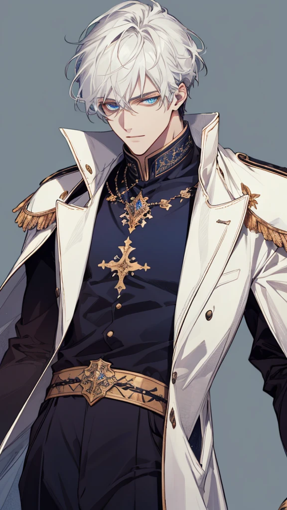 (extreamly delicate and handsome:1.2), 8K,(шедевр:1.0),(best_quality:1.0), 1man,, finely eye and detailed face, white simple medieval outfit, ruinscape background, (closed mouths),long white hair, Perfect eyes, blue sea eyes, Equal eyes, (A male god)