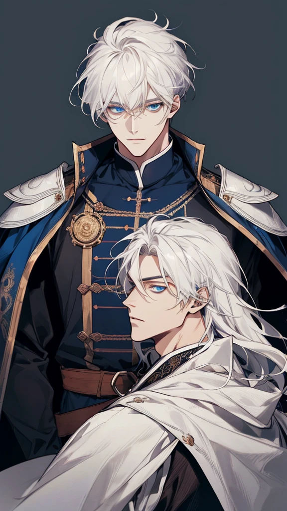 (extreamly delicate and handsome:1.2), 8K,(шедевр:1.0),(best_quality:1.0), 1man,, finely eye and detailed face, white simple medieval outfit, ruinscape background, (closed mouths),long white hair, Perfect eyes, blue sea eyes, Equal eyes, (A male god)