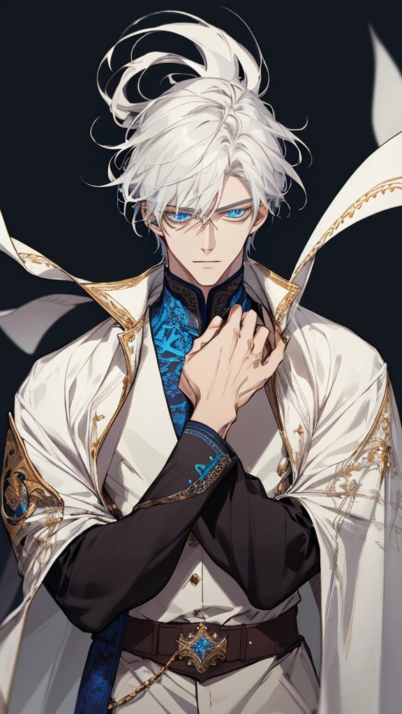 (extreamly delicate and handsome:1.2), 8K,(шедевр:1.0),(best_quality:1.0), 1man,, finely eye and detailed face, white simple medieval outfit, ruinscape background, (closed mouths),long white hair, Perfect eyes, blue sea eyes, Equal eyes, (A male god)