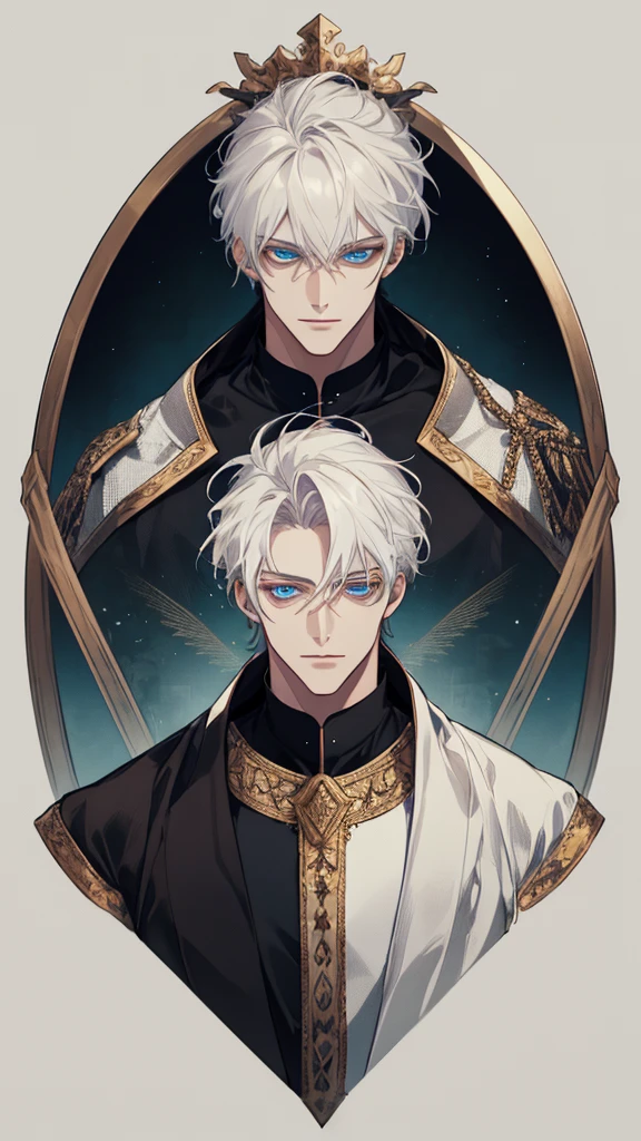 (extreamly delicate and handsome:1.2), 8K,(шедевр:1.0),(best_quality:1.0), 1man,, finely eye and detailed face, white simple medieval outfit, ruinscape background, (closed mouths),long white hair, Perfect eyes, blue sea eyes, Equal eyes, (A male god)