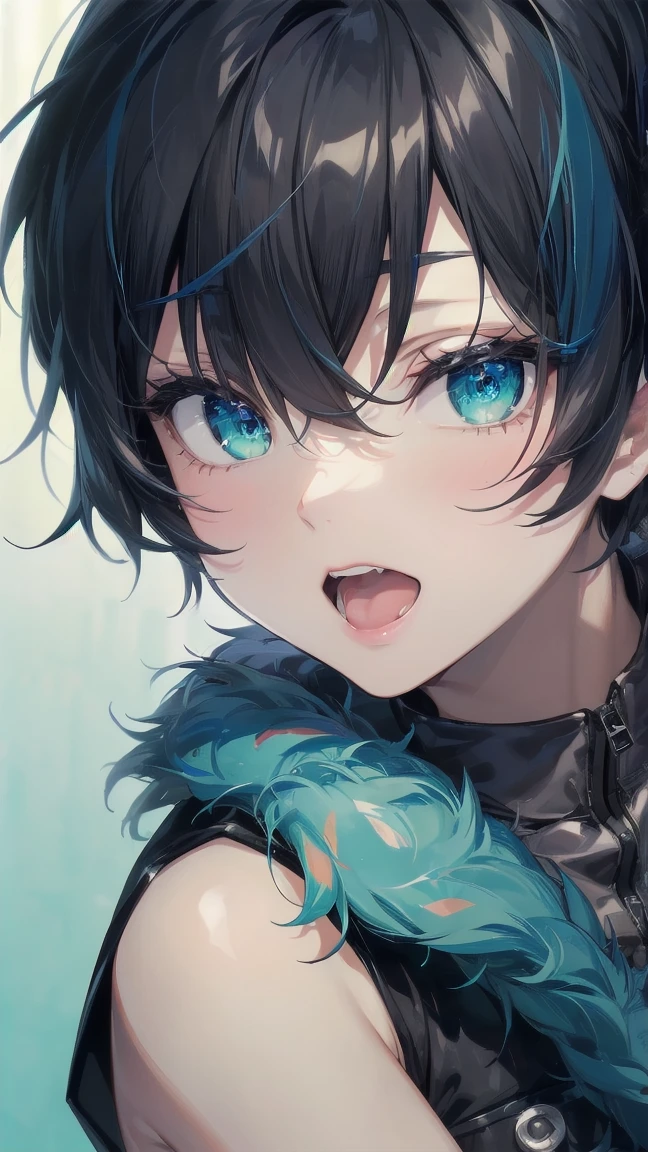 Close-up of a cartoon girl with blue hair and a yellow shirt, 2D Animation, 2D Animation style, 2D Art, 2D Art, 2D from Gorillaz, 2D from Gorillaz, 2D Gorillaz, Screaming Cerket, 2D Sprites, Jinx Face, short hair, Small breasts, hot pants, ((Black Hair, Bright blue fur inside:1.4))