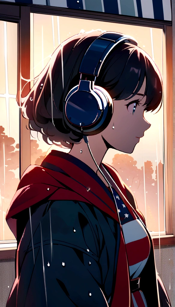 Girl listening to music with headset,She is wearing American clothes, Rain on the window. wallpaper