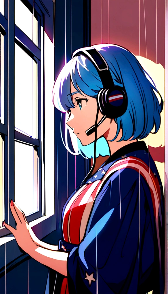 Girl listening to music with headset,She is wearing American clothes, Rain on the window. wallpaper