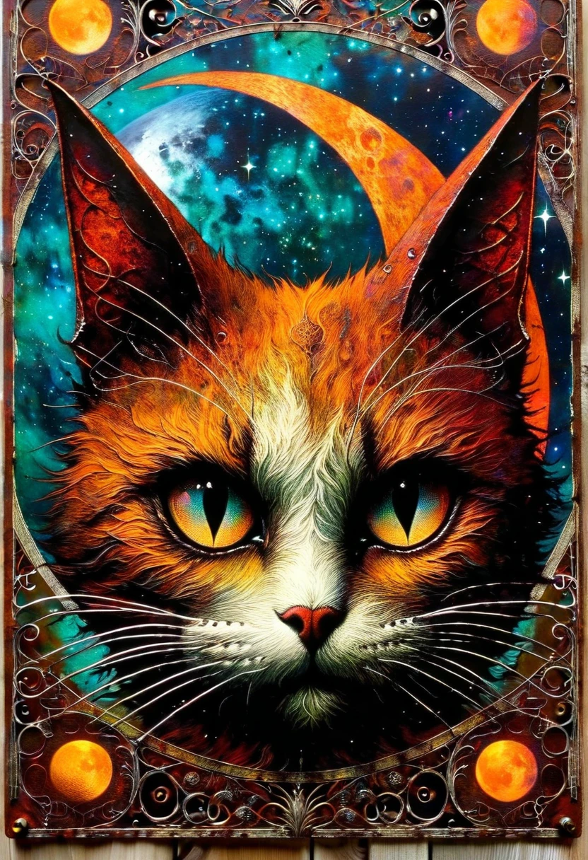 decorative rusty metal sign with a drawing of a satanic cat and a moon, artwork inspired by dave mcKean, vivid colors, intricate details, oil.
