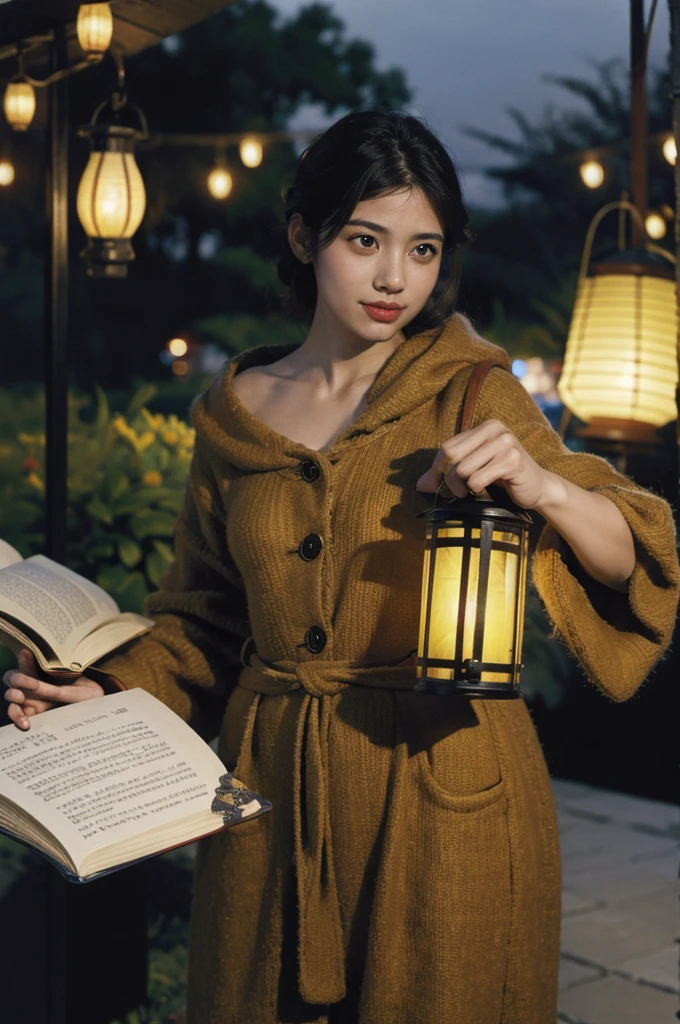Two hands holding an open book, From the book, a planet shaped like a lantern came out., Urban background with people, blurred background, Realistic picture.