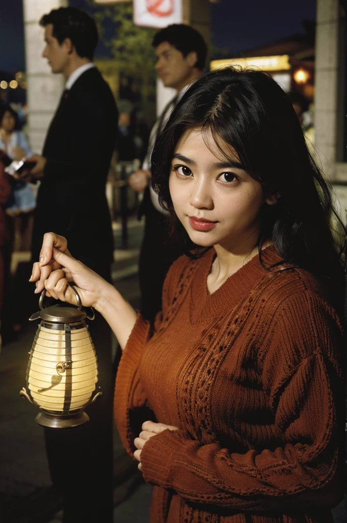 Two hands holding an open book, From the book, a planet shaped like a lantern came out., Urban background with people, blurred background, Realistic picture.