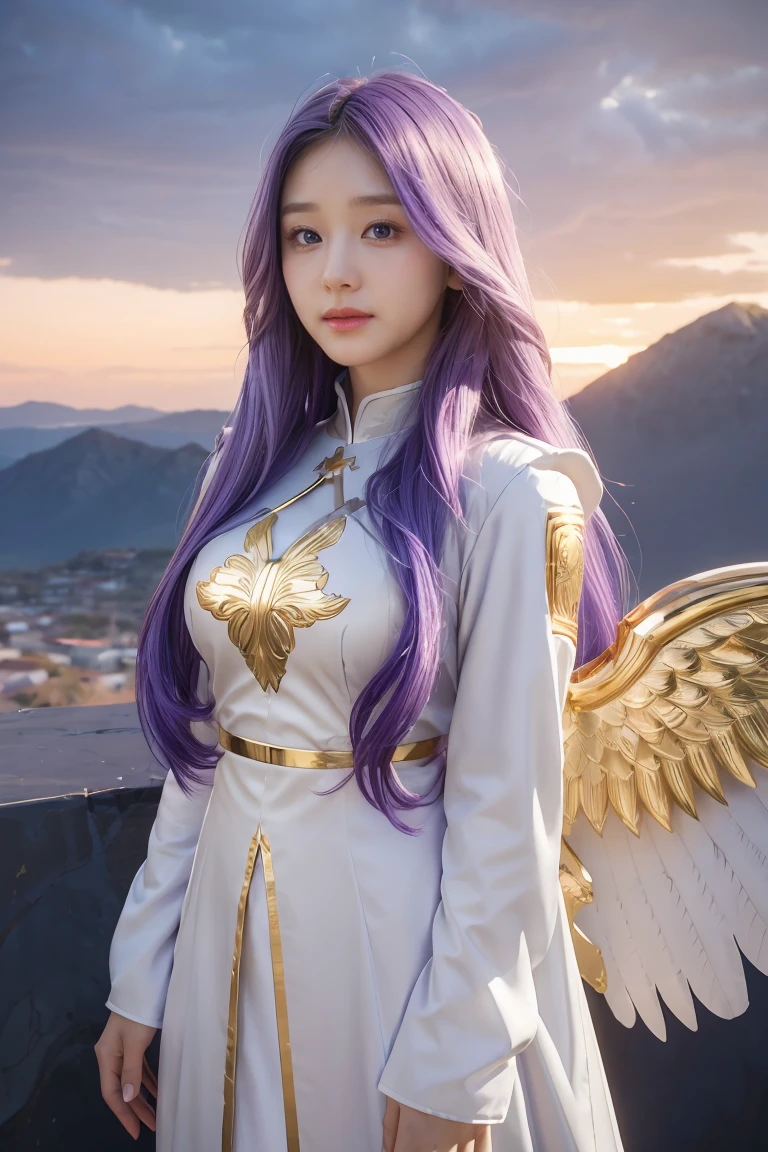 ((masterpiece, best quality, extremely detailed), volumetric lighting, ambient occlusion, colorful, glowing), 
1girl, solo, young girl, (purple hair), long hair, halo, aura, sacred, goddess, cleric suit, (white outfit with gold detailst:1.3), angel wings,
outdoors, sunset, sky, clouds, space, (fantasy theme:1.2),