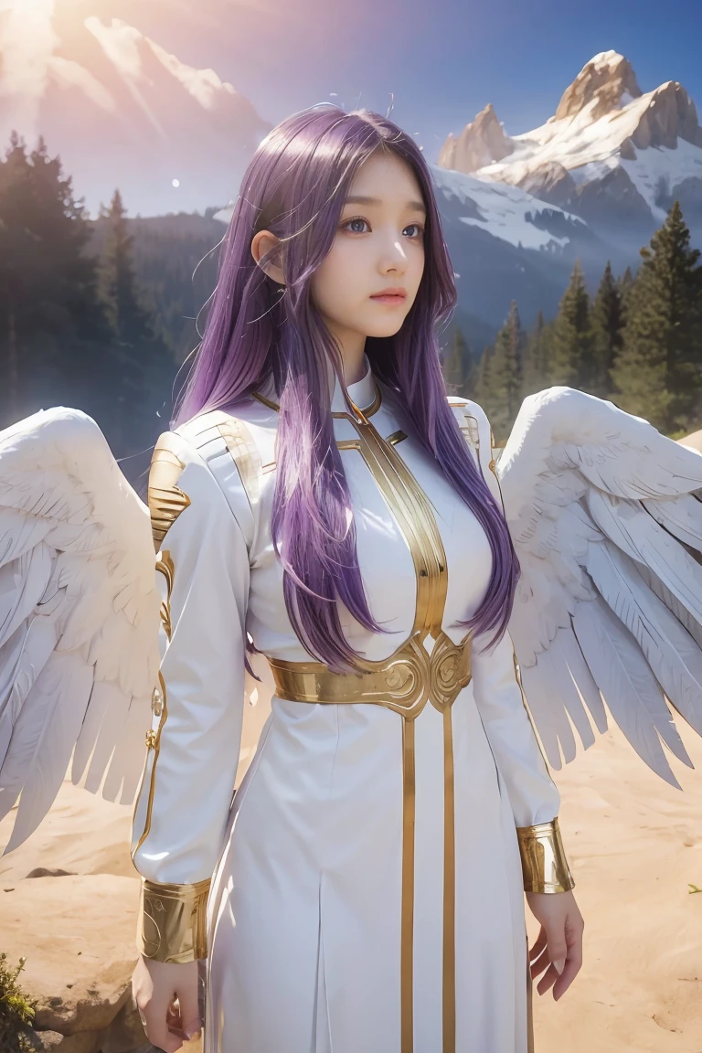 ((masterpiece, best quality, extremely detailed), volumetric lighting, ambient occlusion, colorful, glowing), 
1girl, solo, young girl, (purple hair), long hair, halo, aura, sacred, goddess, cleric suit, (white outfit with gold detailst:1.3), angel wings,
outdoors, sunset, sky, clouds, space, (fantasy theme:1.2),