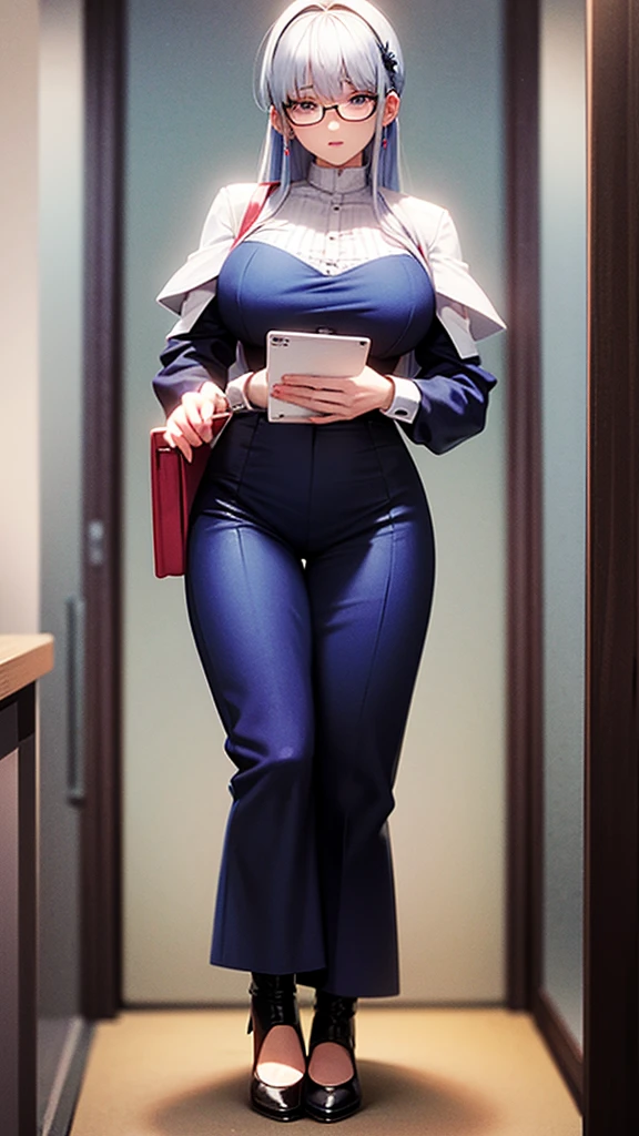 a woman with blue hair and glasses in a blue and white outfit, neferpitou, giorno giovanna, psykos one punch man, high quality colored sketch, anime girl with teal hair, full color manga visual style, best anime character design, blue scales covering her chest, female anime character, portrait of a female anime hero, short blue haired woman, colored manga panel, white haired deity, solo, de corpo inteiro, corpo atraente, cabelo longo, full body, attractive body, long hair, white cloth costume, with hair bangs similar to Trunks' hair bangs, Trunks' hair bangs, long hair, with earrings, infinity earrings